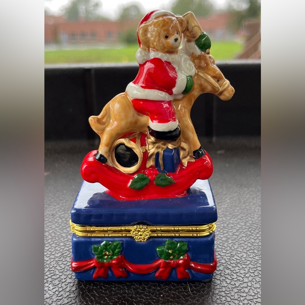 Vintage Christmas Bear Trinket box Rocking horse